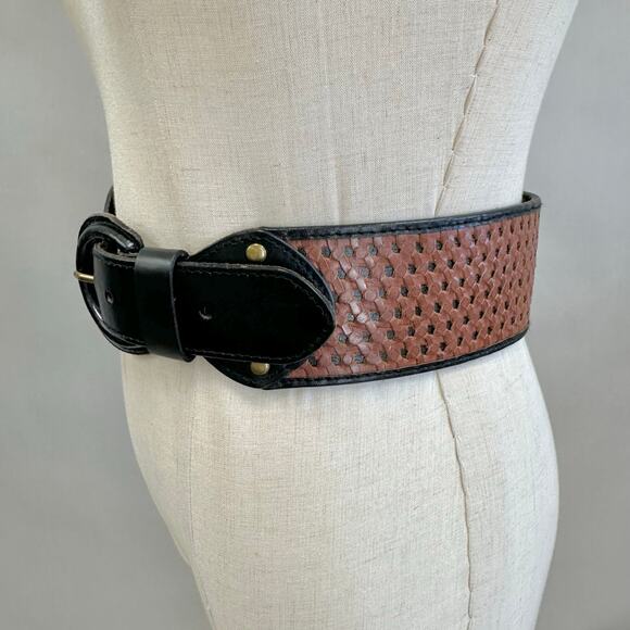 Justin Boots basketweave tooled leather western belt size 42 gold tone buckle - Picture 11 of 14